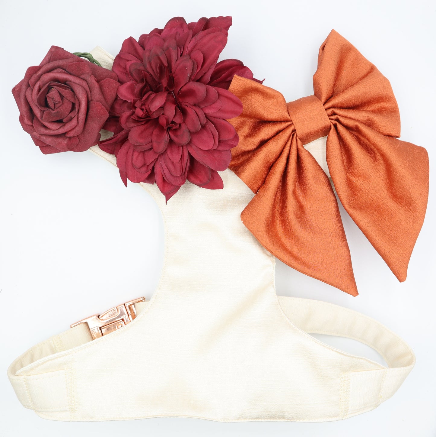 Wedding Dog Harness in Ivory Cream Satin with Burnt Orange Bow and Burgundy Flowers CHOICE of COLOURS Made to Measure