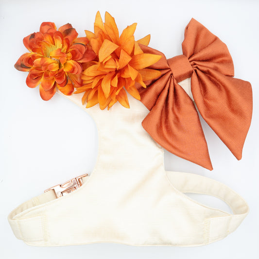 Wedding Dog Harness in Ivory Cream Satin with Burnt Orange Bow and Flowers CHOICE of COLOURS Made to Measure