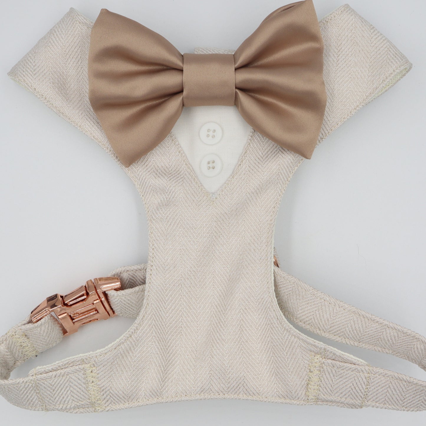 Tuxedo Wedding Dog Harness in Beige Soft Herringbone Tweed Fabric with Satin Bow CHOICE of COLOURS Made to Measure