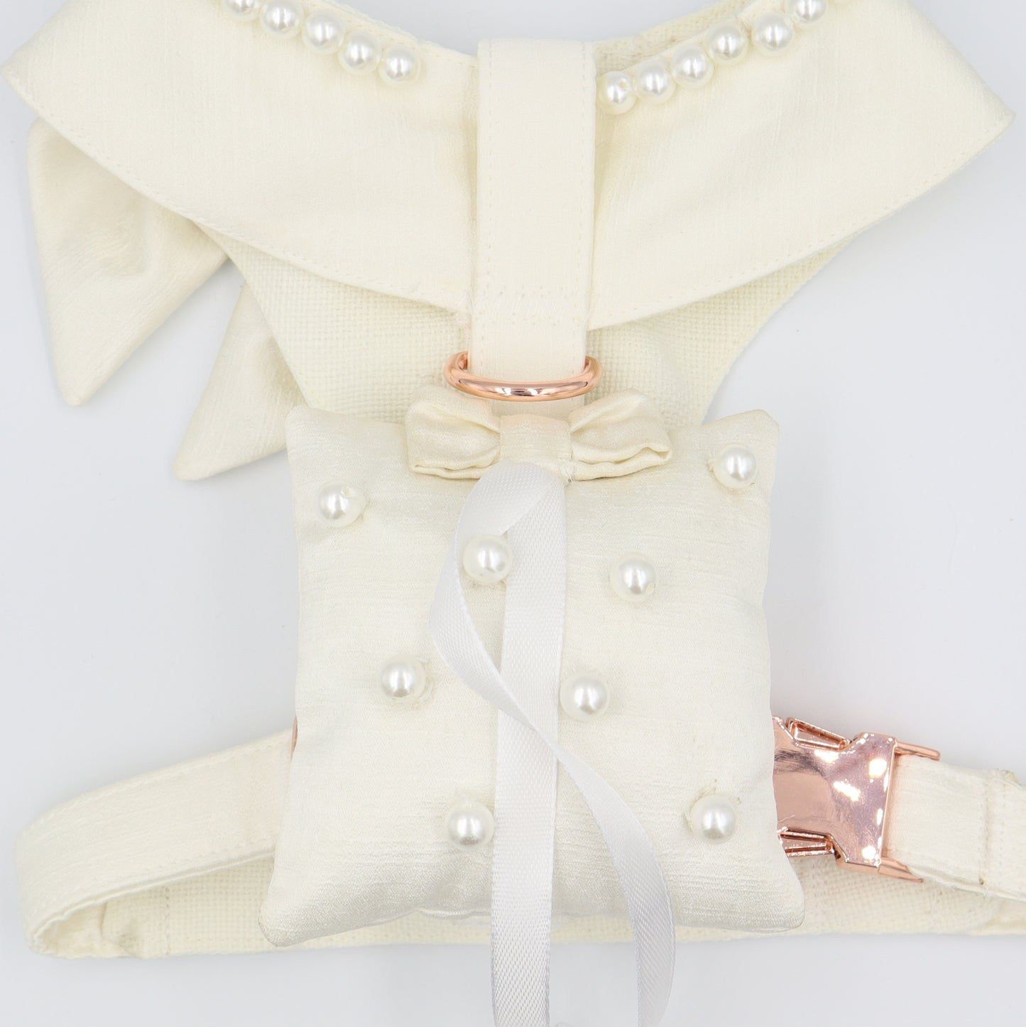 Wedding Dog Harness in Ivory Satin with Coral Bow and Pearls CHOICE of COLOURS Made to Measure