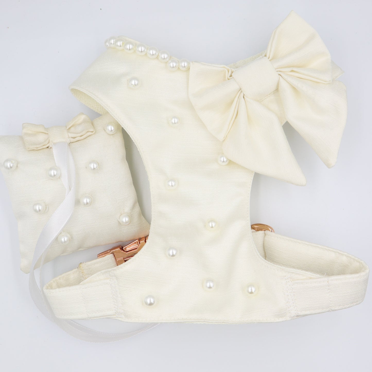 Wedding Dog Harness in Ivory Satin with Coral Bow and Pearls CHOICE of COLOURS Made to Measure