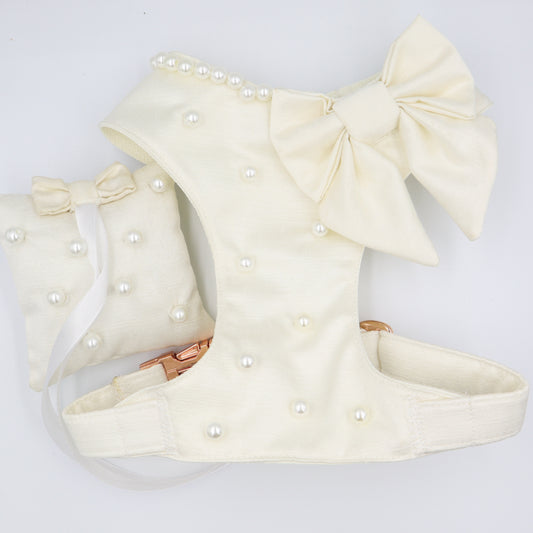 Wedding Dog Harness & Pillow in Ivory Satin with Bow and Pearls CHOICE of COLOURS Made to Measure