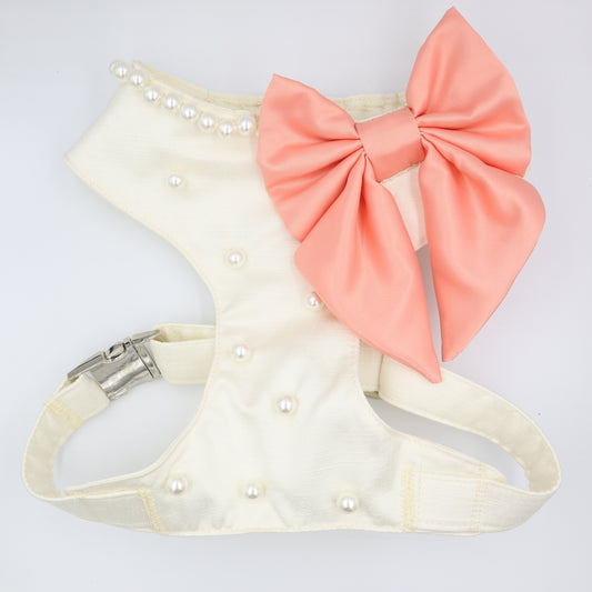 Wedding Dog Harness in Ivory Satin with Coral Bow and Pearls CHOICE of COLOURS Made to Measure