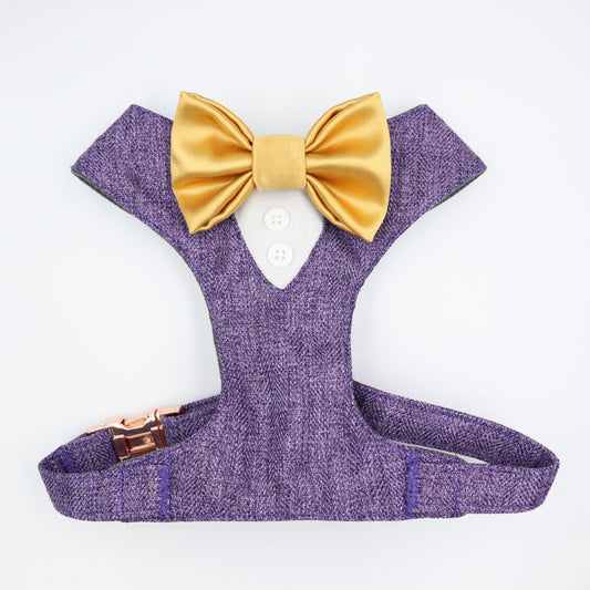 Tuxedo Wedding Dog Harness in Lavender Soft Herringbone Tweed Fabric with Satin Bow CHOICE of COLOURS Made to Measure