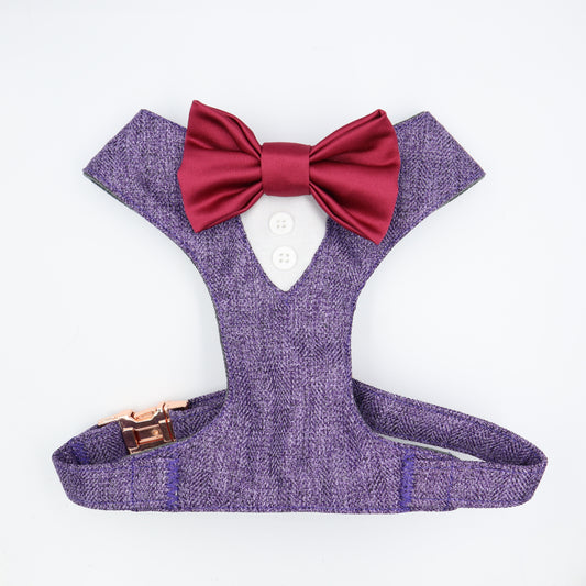 Tuxedo Wedding Dog Harness in Lavender Soft Herringbone Tweed Fabric with Satin Bow CHOICE of COLOURS Made to Measure