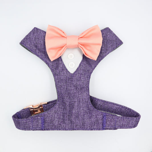 Tuxedo Wedding Dog Harness in Lavender Soft Herringbone Tweed Fabric with Satin Bow CHOICE of COLOURS Made to Measure