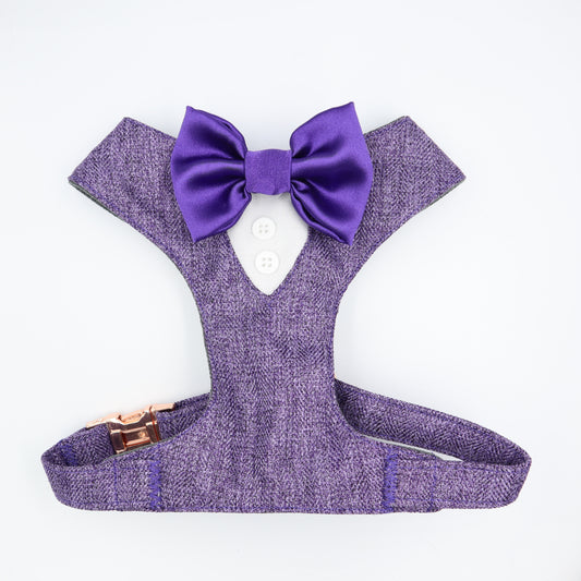 Tuxedo Wedding Dog Harness in Lavender Soft Herringbone Tweed Fabric with Satin Bow CHOICE of COLOURS Made to Measure