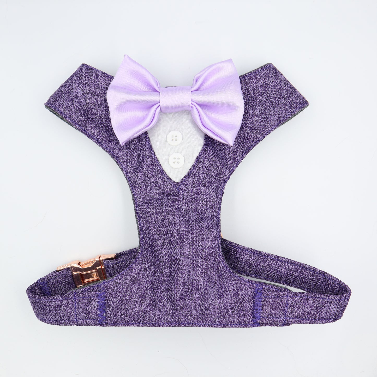 Tuxedo Wedding Dog Harness in Lavender Soft Herringbone Tweed Fabric with Satin Bow CHOICE of COLOURS Made to Measure