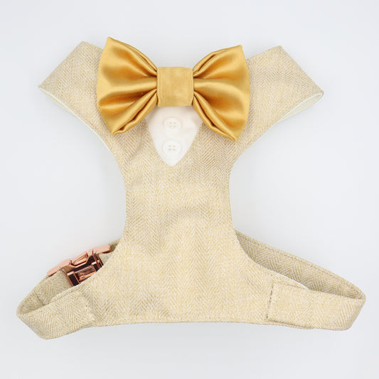 Tuxedo Wedding Dog Harness in Beige Gold Soft Herringbone Tweed Fabric with Satin Bow CHOICE of COLOURS Made to Measure