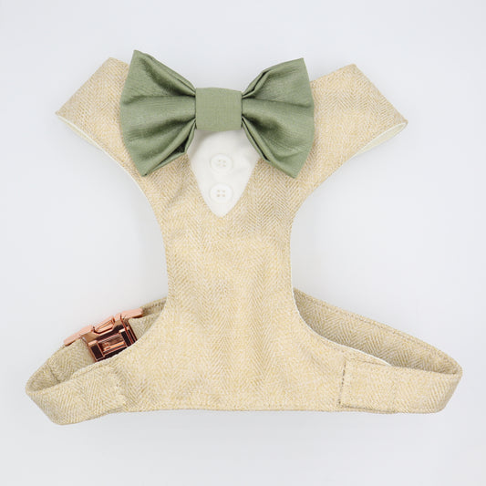 Tuxedo Wedding Dog Harness in Beige Gold Soft Herringbone Tweed Fabric with Satin Bow CHOICE of COLOURS Made to Measure