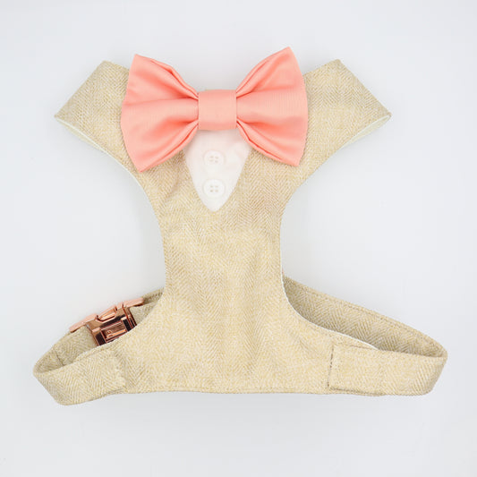 Tuxedo Wedding Dog Harness in Beige Gold Soft Herringbone Tweed Fabric with Satin Bow CHOICE of COLOURS Made to Measure