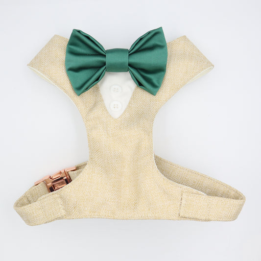 Tuxedo Wedding Dog Harness in Beige Gold Soft Herringbone Tweed Fabric with Satin Bow CHOICE of COLOURS Made to Measure