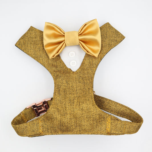 Tuxedo Wedding Dog Harness in Mustard Soft Herringbone Tweed Fabric with Satin Bow CHOICE of COLOURS Made to Measure