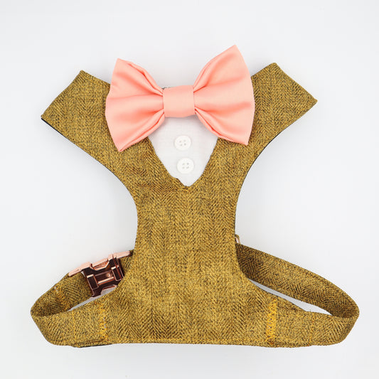 Tuxedo Wedding Dog Harness in Mustard Soft Herringbone Tweed Fabric with Satin Bow CHOICE of COLOURS Made to Measure