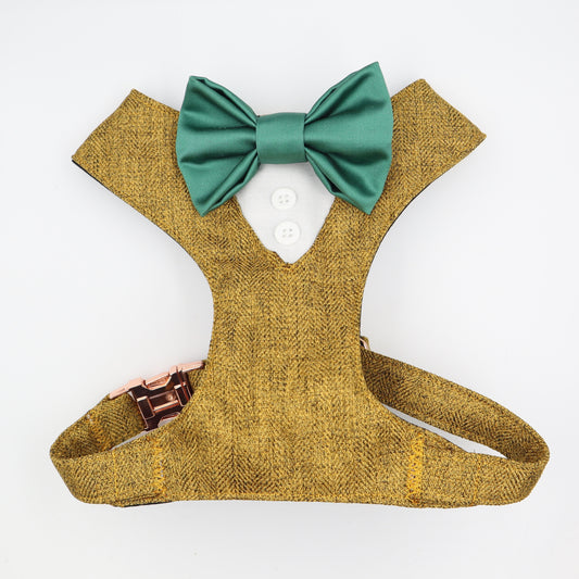 Tuxedo Wedding Dog Harness in Mustard Soft Herringbone Tweed Fabric with Satin Bow CHOICE of COLOURS Made to Measure