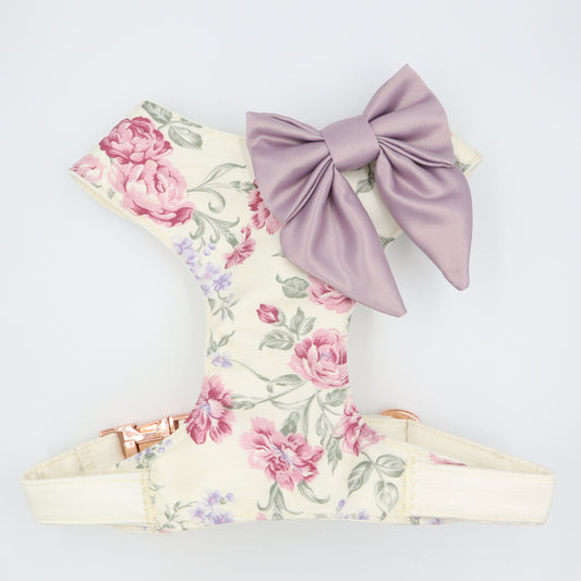 Wedding Dog Harness in Rose Print Satin Fabric with Sailor Bow Choice of Bow Colours Made to Measure
