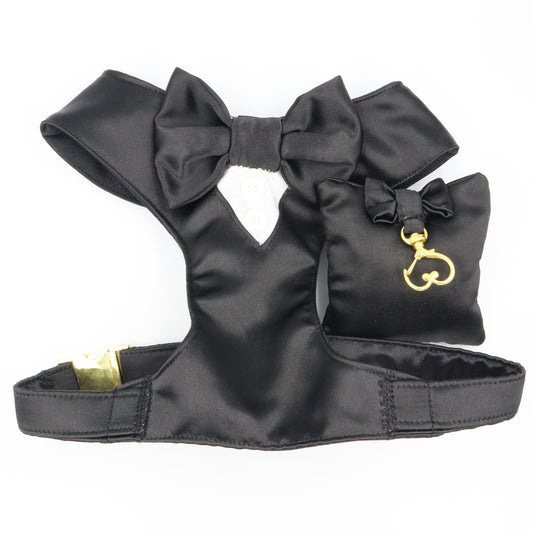 Tuxedo Wedding Dog Harness in Black Satin with Bow CHOICE of COLOURS Made to Measure