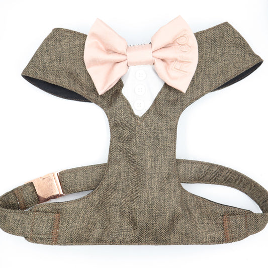 Tuxedo Wedding Dog Harness in Light Chocolate Soft Herringbone Tweed Fabric with Satin Bow CHOICE of COLOURS Made to Measure