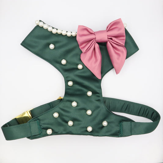 Wedding Dog Harness in Dark Green Satin with Bow and Pearls CHOICE of COLOURS Made to Measure