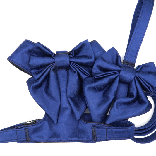 Wedding Dog Harness in Navy Blue Satin with Oversized Sailor Bow and Leash CHOICE of COLOURS Made to Measure