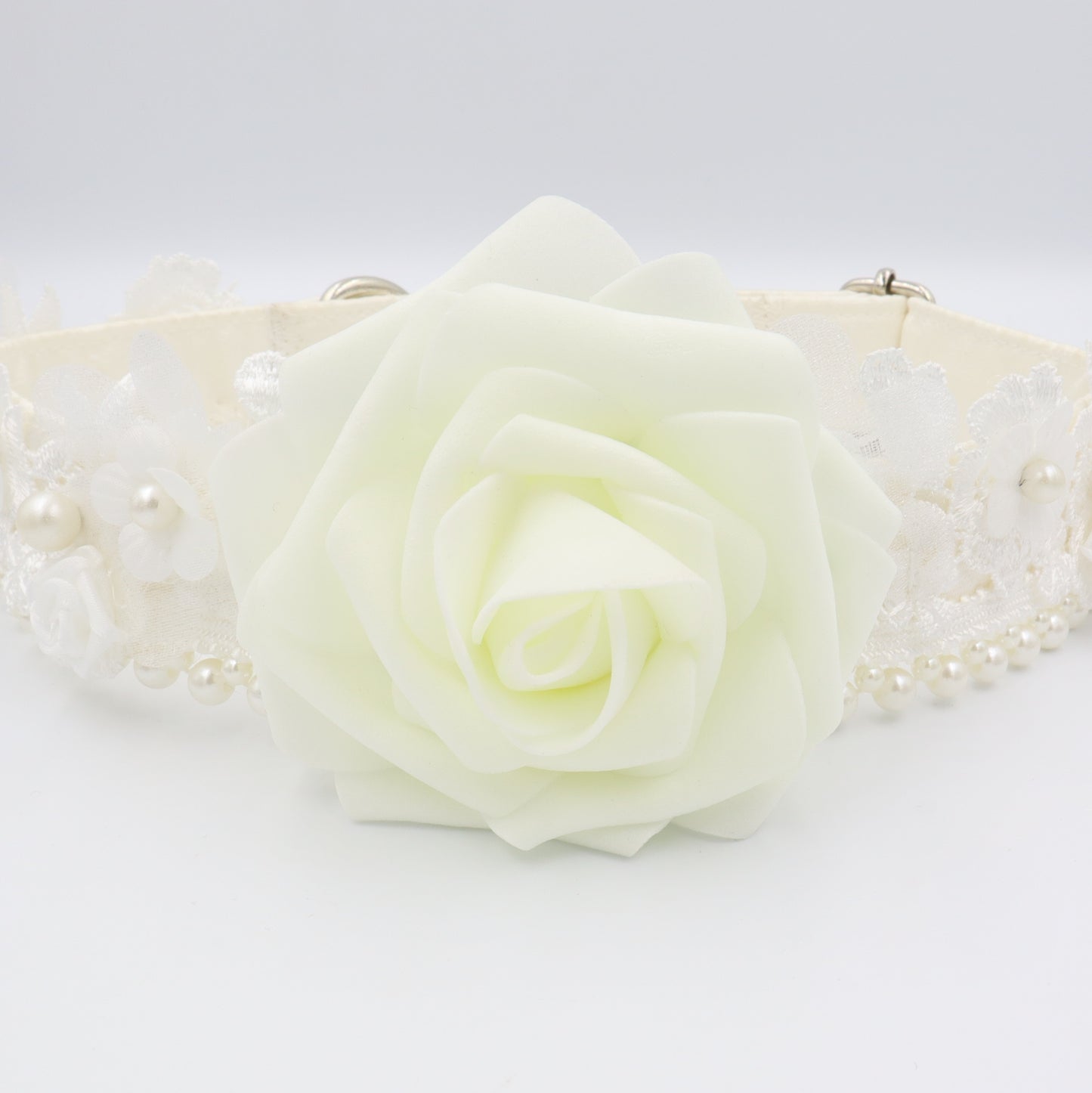 Wedding Dog Collar in Ivory Satin Style Fabric with Flower and Pearl Trim Choice of Flower Colours