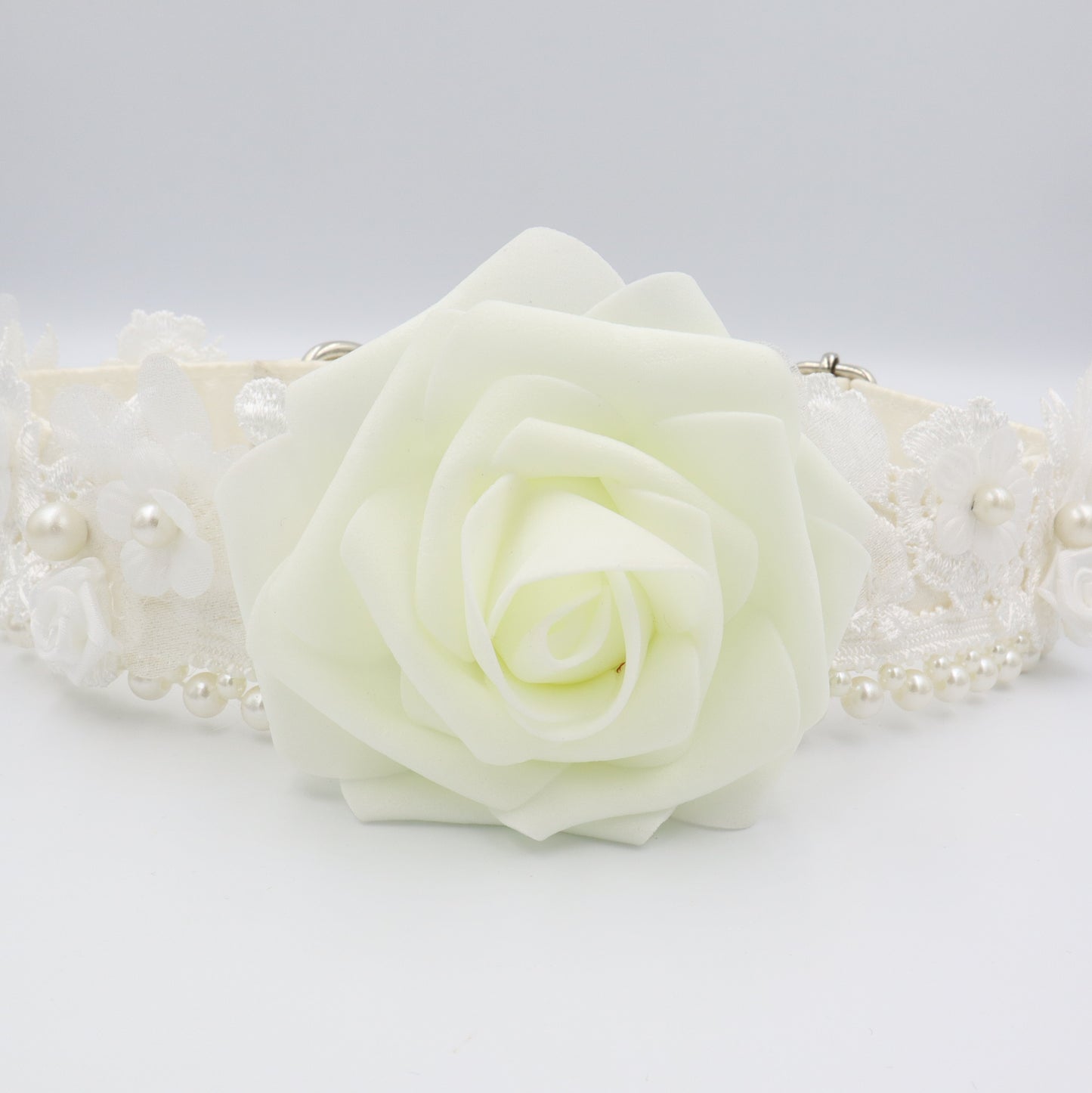 Wedding Dog Collar in Ivory Satin Style Fabric with Flower and Pearl Trim Choice of Flower Colours