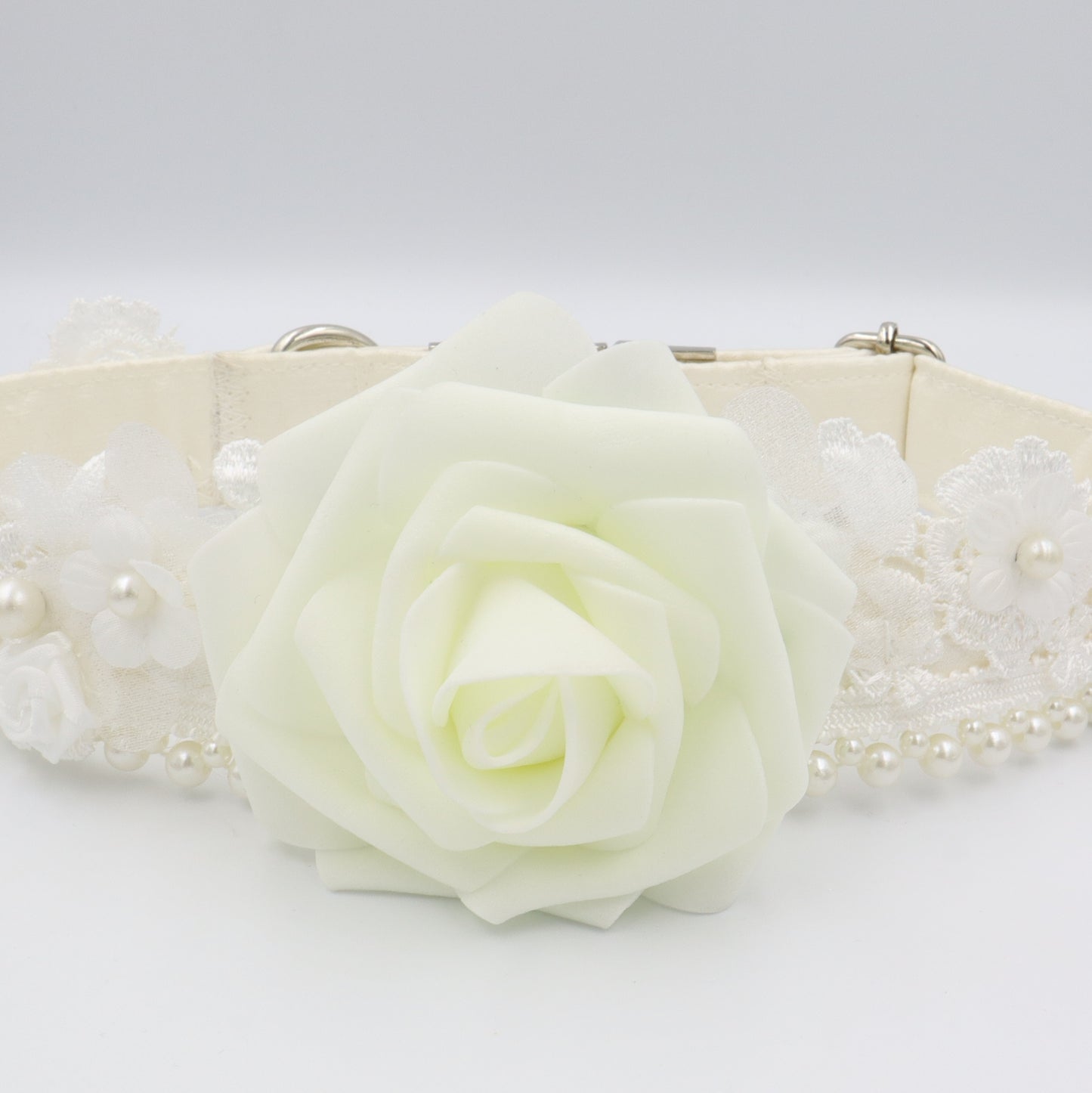 Wedding Dog Collar in Ivory Satin Style Fabric with Flower and Pearl Trim Choice of Flower Colours