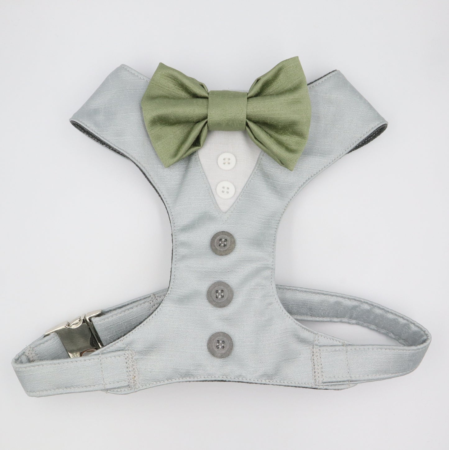 Wedding Dog Harness in Light Grey Satin Fabric and Sage Bow Choice of COLOURS Made to Measure