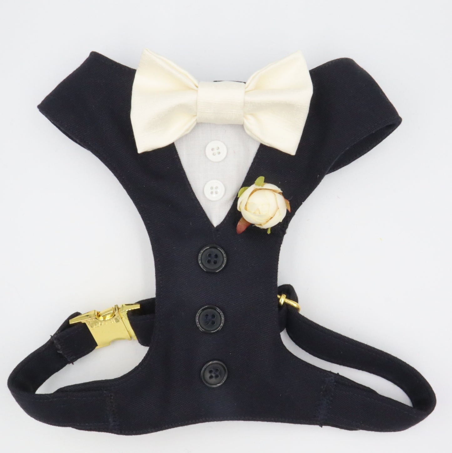 Tuxedo Wedding Dog Harness in Soft Lightweight Quality Dark Navy Blue Wool Fabric with Satin Bow & Pocket Boutonnière CHOICE of COLOURS Made to Measure