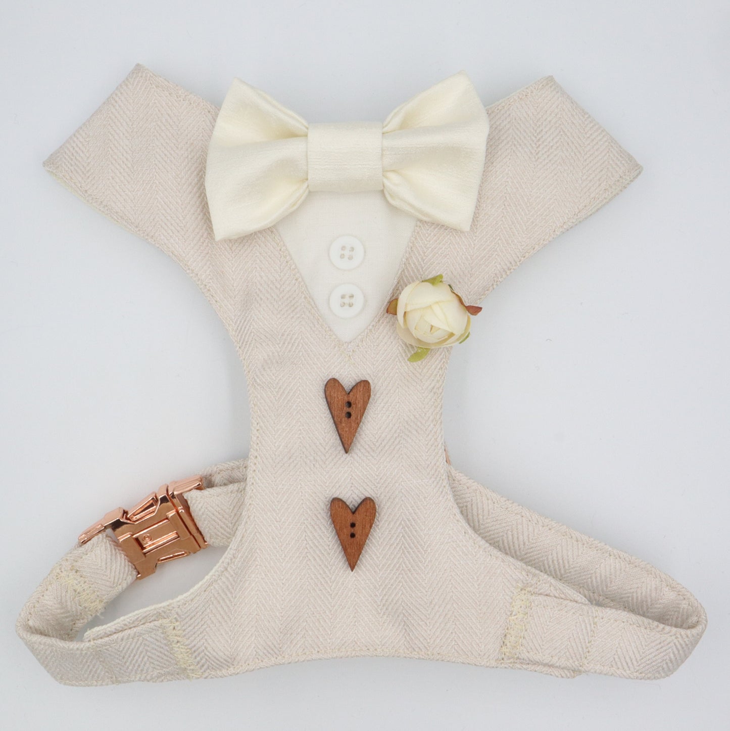 Tuxedo Wedding Dog Harness in Beige Soft Herringbone Tweed Fabric with Satin Bow CHOICE of COLOURS Made to Measure