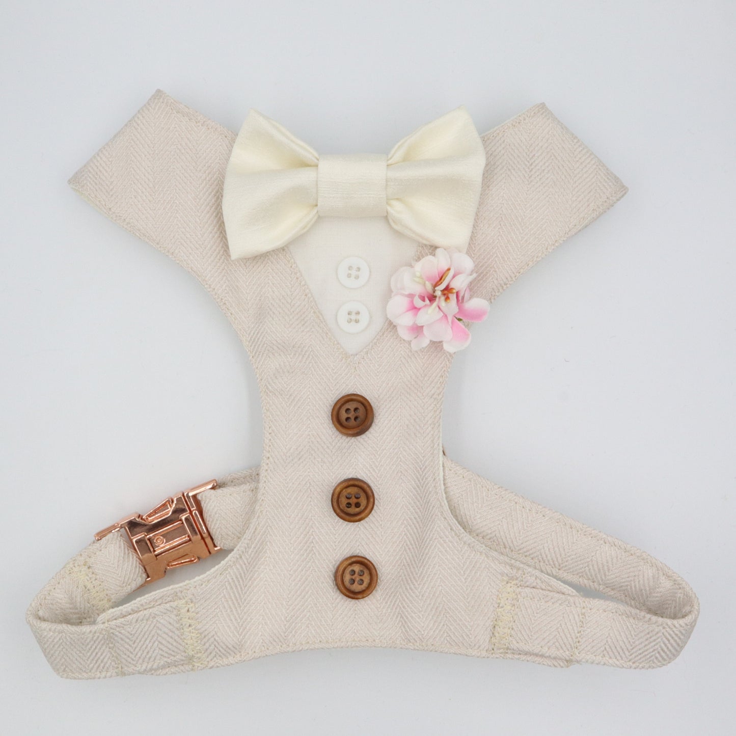 Tuxedo Wedding Dog Harness in Beige Soft Herringbone Tweed Fabric with Satin Bow CHOICE of COLOURS Made to Measure