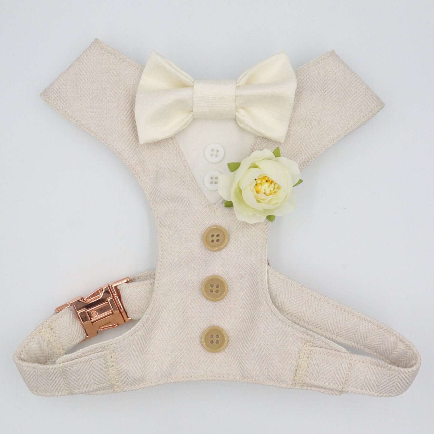 Tuxedo Wedding Dog Harness in Beige Soft Herringbone Tweed Fabric with Satin Bow CHOICE of COLOURS Made to Measure