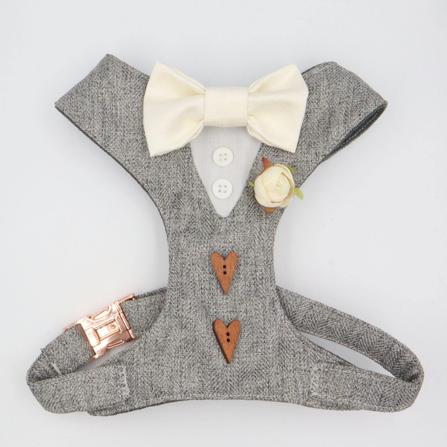 Tuxedo Wedding Dog Harness in Grey Soft Herringbone Tweed Fabric with Satin Bow CHOICE of COLOURS Made to Measure