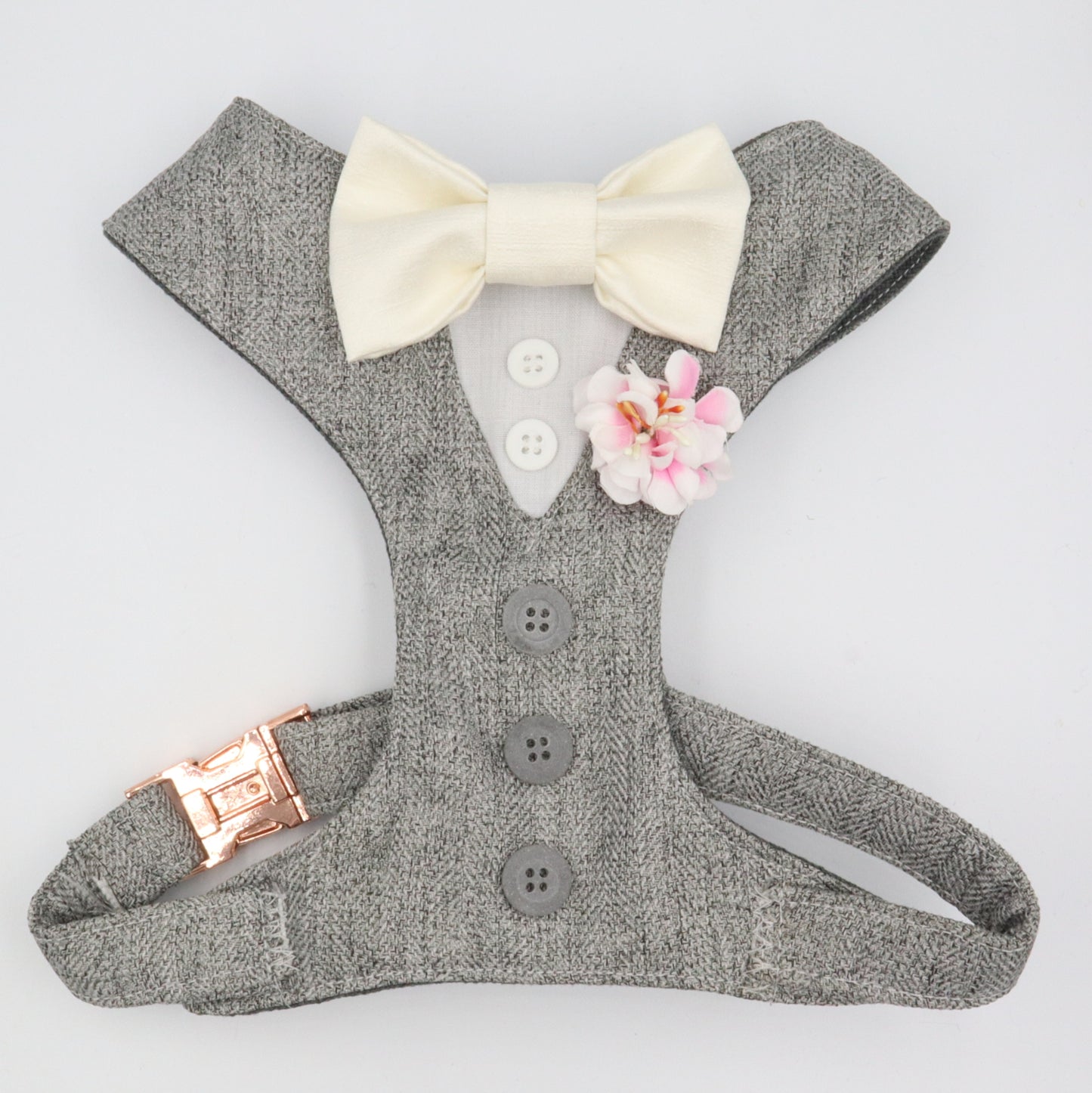 Tuxedo Wedding Dog Harness in Grey Soft Herringbone Tweed Fabric with Satin Bow CHOICE of COLOURS Made to Measure