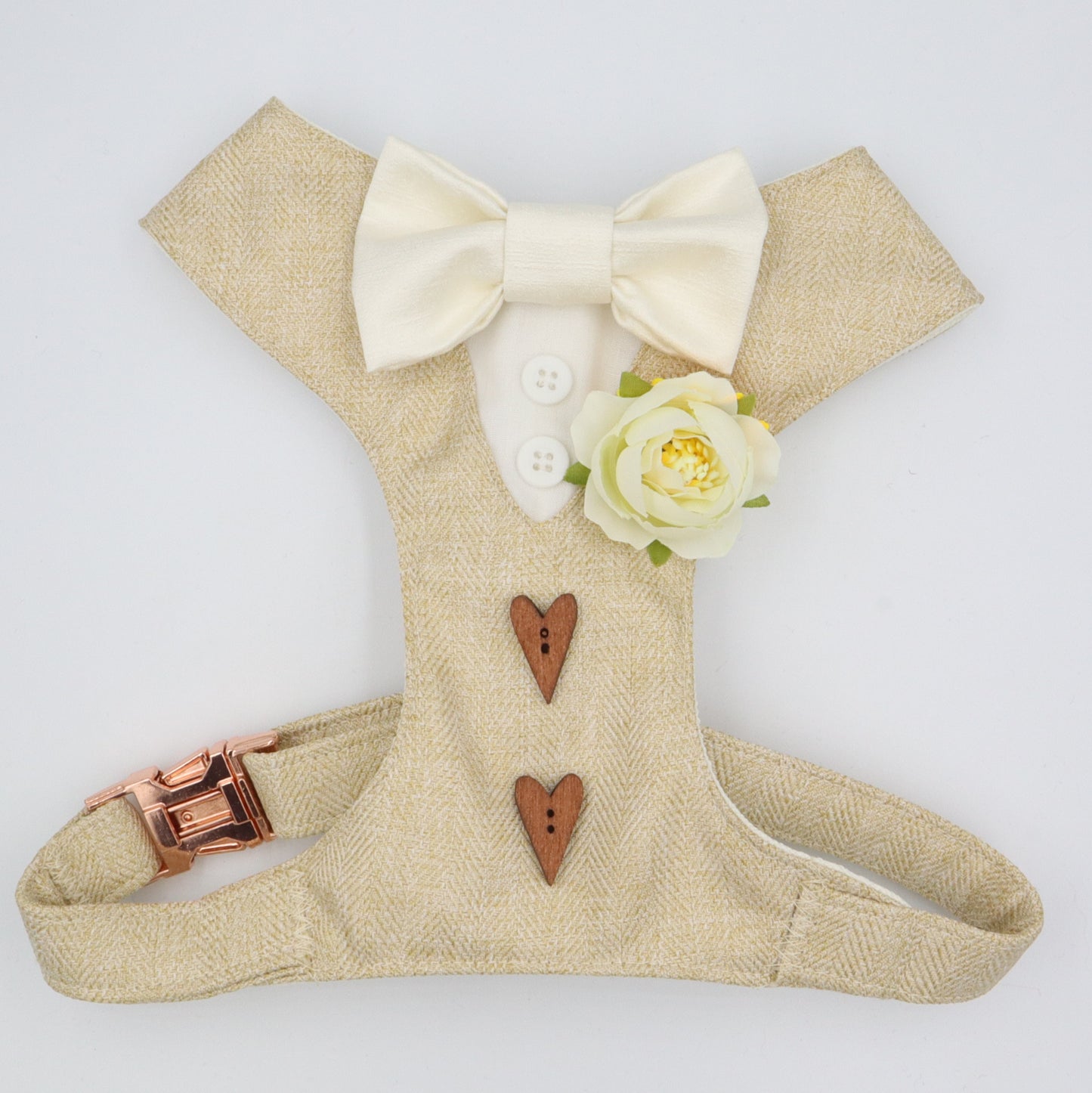 Tuxedo Wedding Dog Harness in Beige/Gold Soft Herringbone Tweed Fabric with Satin Bow CHOICE of COLOURS Made to Measure
