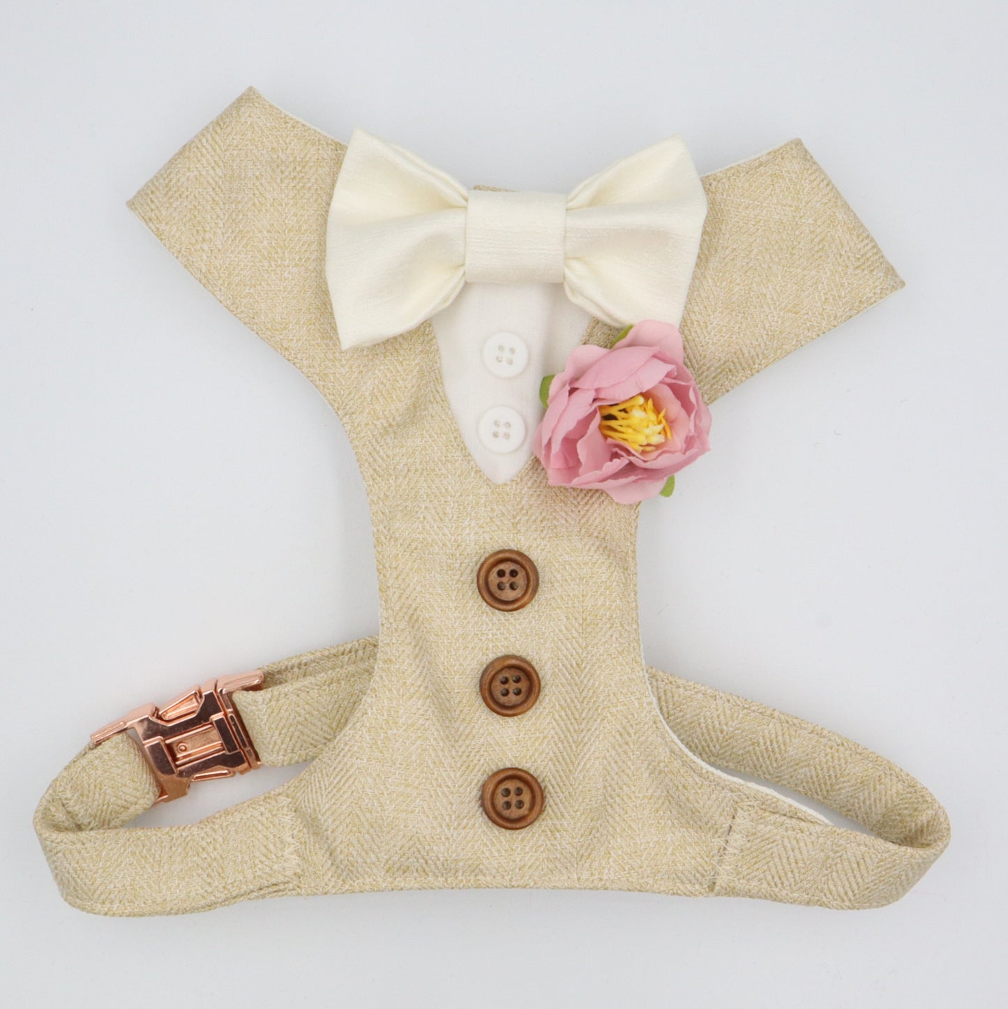 Tuxedo Wedding Dog Harness in Beige/Gold Soft Herringbone Tweed Fabric with Satin Bow CHOICE of COLOURS Made to Measure
