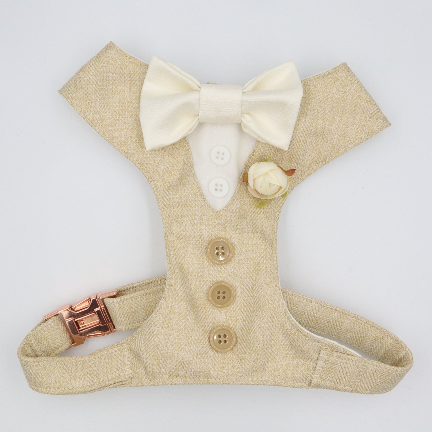 Tuxedo Wedding Dog Harness in Beige/Gold Soft Herringbone Tweed Fabric with Satin Bow CHOICE of COLOURS Made to Measure