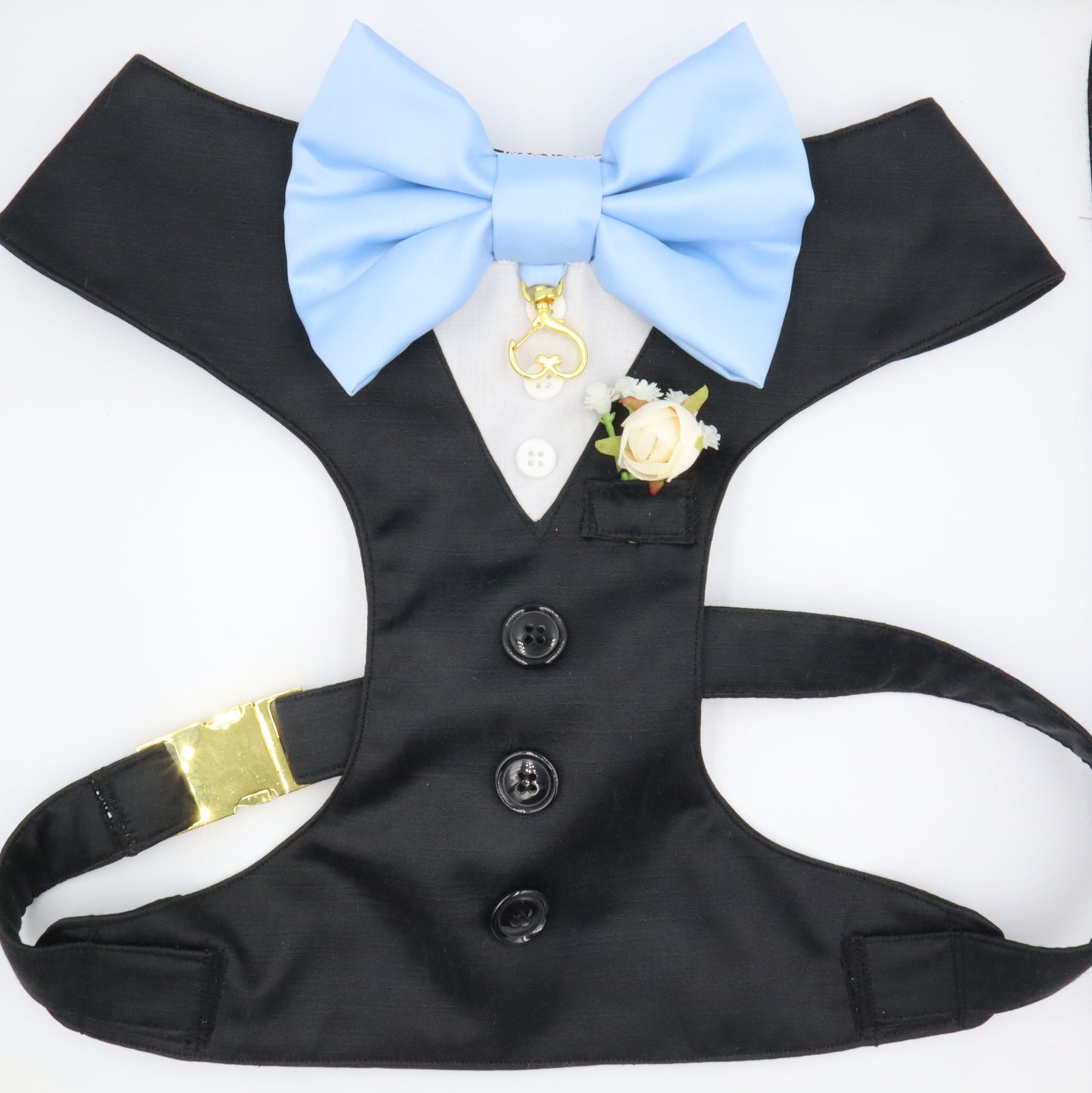 Tuxedo Wedding Dog Harness in Black Satin with Bow & Ring Clip CHOICE of COLOURS  Made to Measure