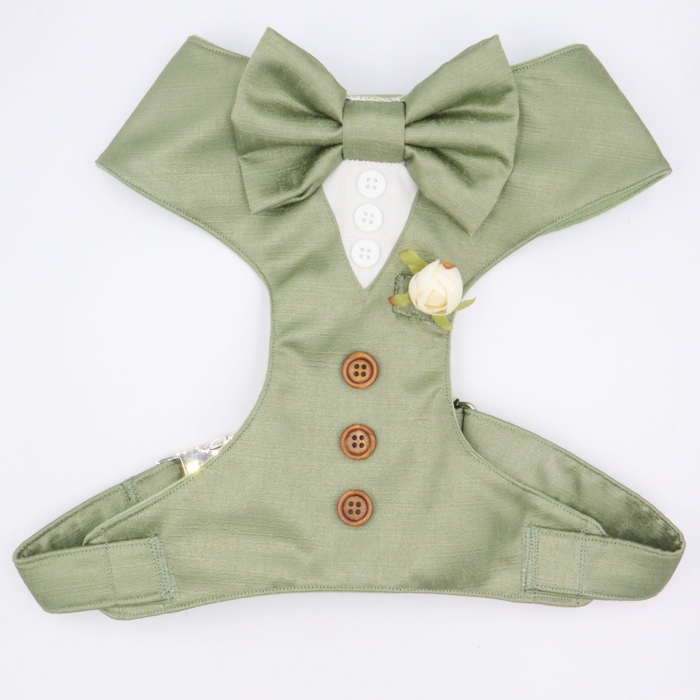 Tuxedo Wedding Dog Harness in Sage Green Satin with Bow CHOICE of COLOURS Made to Measure
