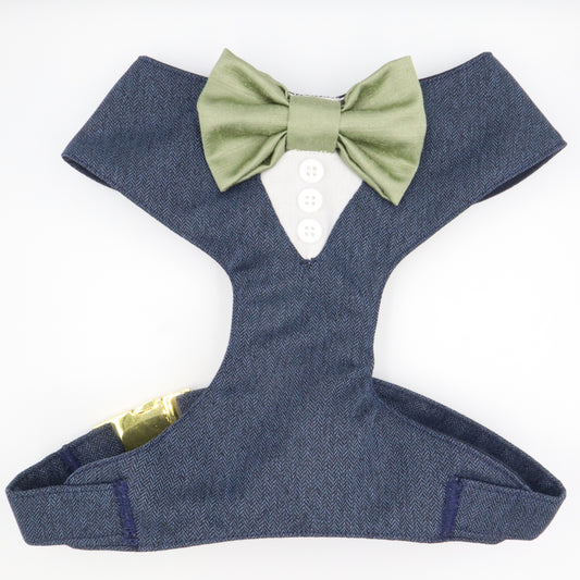 Tuxedo Wedding Dog Harness in Navy Blue Soft Herringbone Tweed Fabric with Sage Satin Bow CHOICE of COLOURS Made to Measure