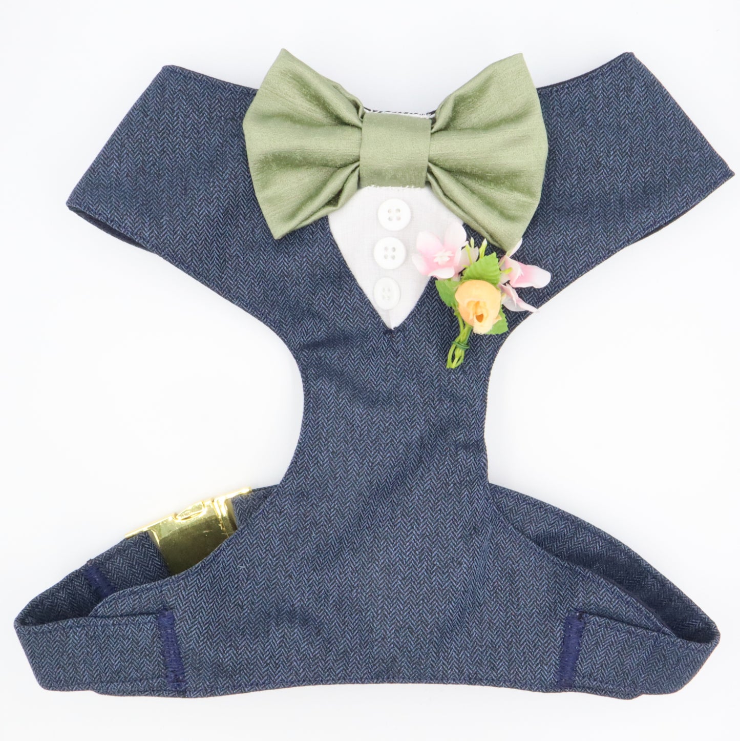 Tuxedo Wedding Dog Harness in Navy Soft Herringbone Tweed Fabric with Satin Bow CHOICE of COLOURS Made to Measure