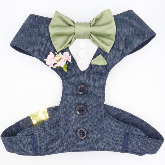 Tuxedo Wedding Dog Harness in Navy Blue Soft Herringbone Tweed Fabric with Satin Bow CHOICE of COLOURS Made to Measure