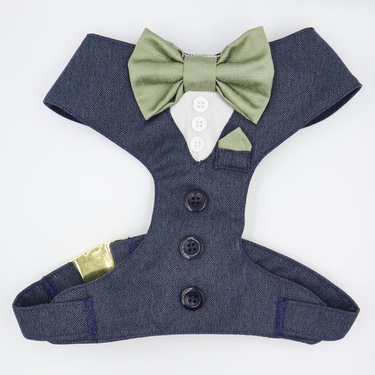 Tuxedo Wedding Dog Harness in Navy Soft Herringbone Tweed Fabric with Satin Bow CHOICE of COLOURS Made to Measure