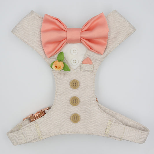 Tuxedo Wedding Dog Harness in Beige Soft Herringbone Tweed Fabric with Satin Bow CHOICE of COLOURS Made to Measure