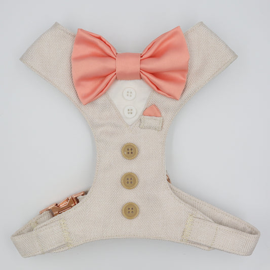 Tuxedo Wedding Dog Harness in Beige Soft Herringbone Tweed Fabric with Satin Bow CHOICE of COLOURS Made to Measure