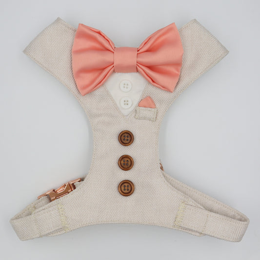 Tuxedo Wedding Dog Harness in Beige Soft Herringbone Tweed Fabric with Satin Bow CHOICE of COLOURS Made to Measure