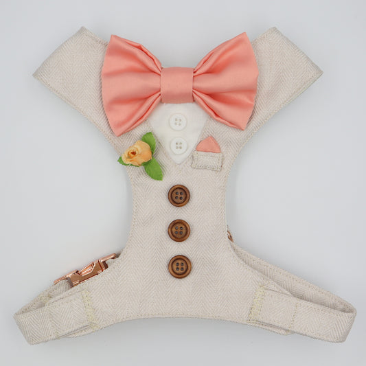 Tuxedo Wedding Dog Harness in Beige Soft Herringbone Tweed Fabric with Satin Bow CHOICE of COLOURS Made to Measure