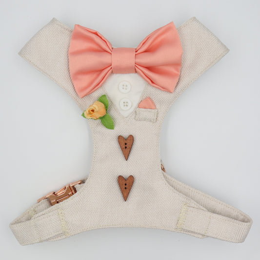 Tuxedo Wedding Dog Harness in Beige Soft Herringbone Tweed Fabric with Satin Bow CHOICE of COLOURS Made to Measure