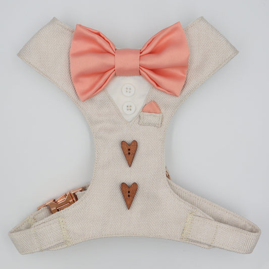 Tuxedo Wedding Dog Harness in Beige Soft Herringbone Tweed Fabric with Satin Bow CHOICE of COLOURS Made to Measure
