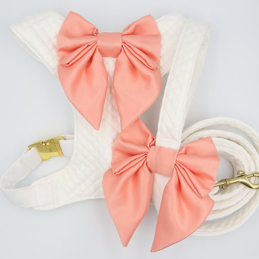 Wedding Dog Harness in Off White Ivory Cream Satin Quilted Design with Coral Sailor Bow Girl Dog Wedding CHOICE of COLOURS Made to Measure